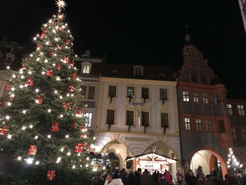 Blick auf den Görlitz Weihnachtsmarkt. Im Vordergrund steht ein Weihnachtsbaum.